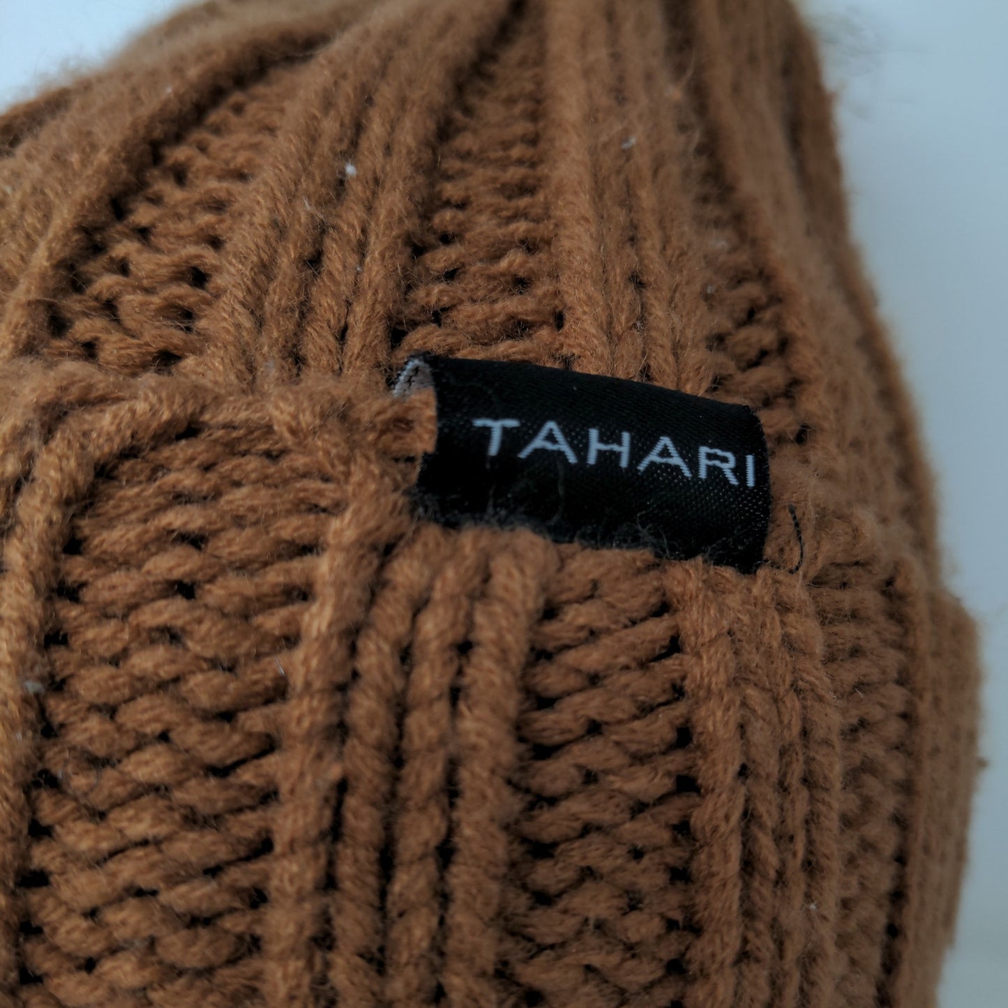 Tahari Knit Beanie Hat Pom Pom Patch Logo Brown Warm One Size