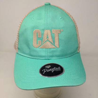 CAT Caterpillar Women's Strapback Mesh Back Hat Blue Green Ponytail Back