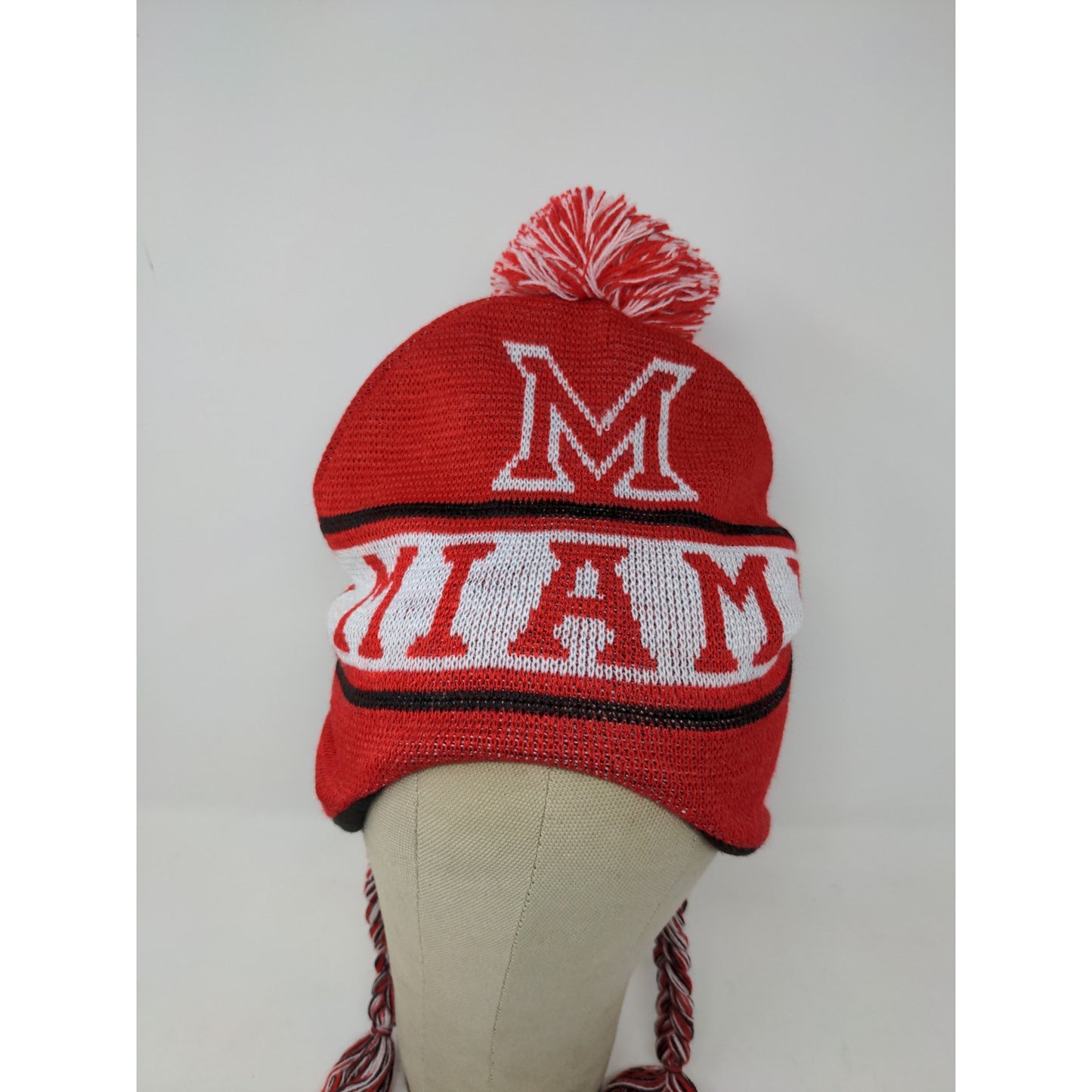 Miami Florida Beanie Hat 100% Acrylic Red & White W/Pom Pom and Strings