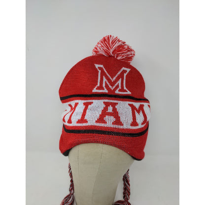 Miami Florida Beanie Hat 100% Acrylic Red & White W/Pom Pom and Strings