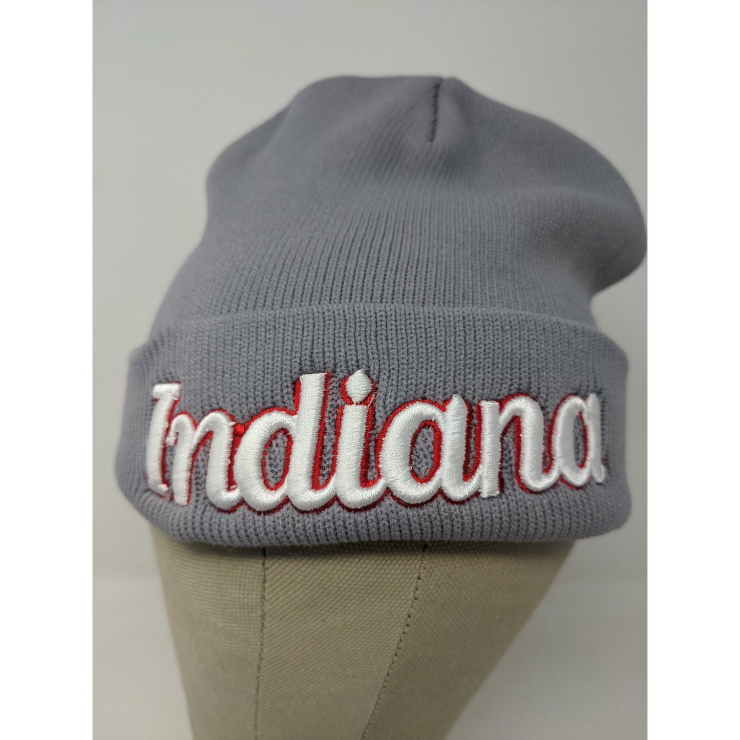 Indiana Beanie Hat Gray Embroidered Spell Out Logo Knit Soft