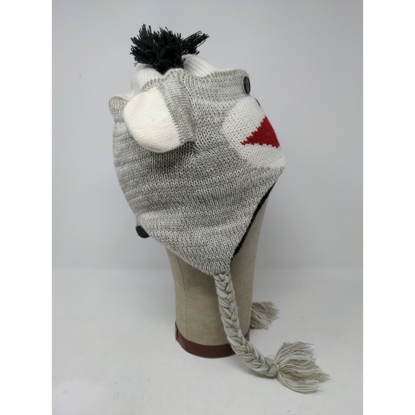 Sock Monkey Knit Beanie Hat Cap Button Eyes 100% Acrylic Gray White