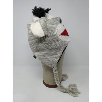 Sock Monkey Knit Beanie Hat Cap Button Eyes 100% Acrylic Gray White