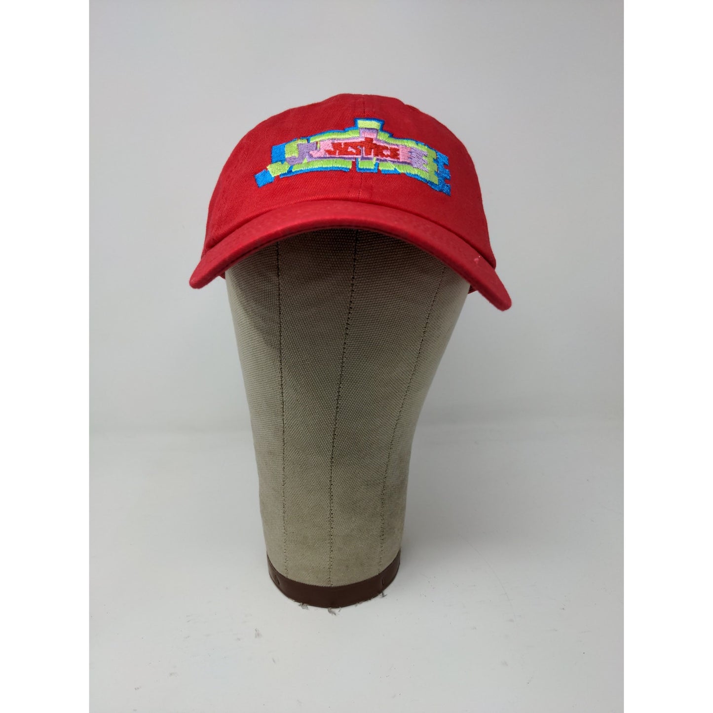 Justice Slideback Hat Red Embroidered Spell Out Colorful 100% Cotton