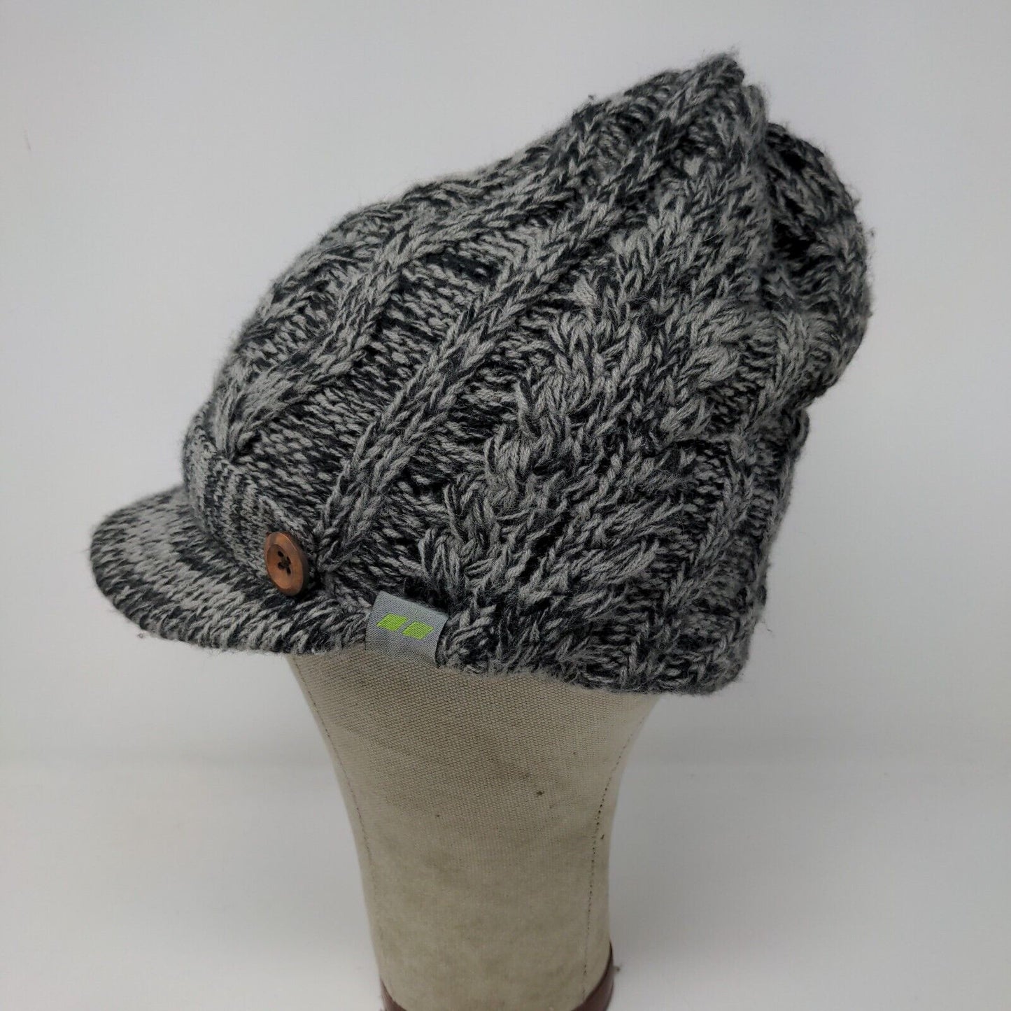 Beanie Hat W/ Bill Lined Soft Warm Black Gray Button Accents