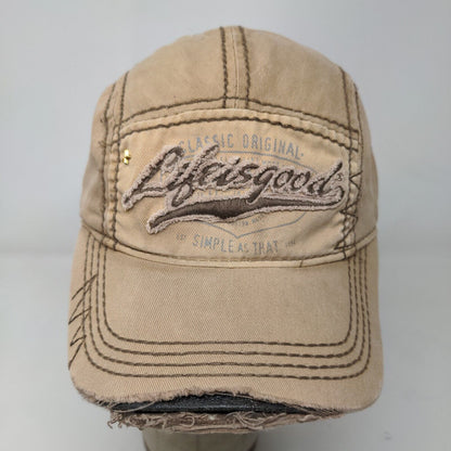 Life is Good Men's Slideback Hat Tan Adjustable Distressed Embroidered Logo