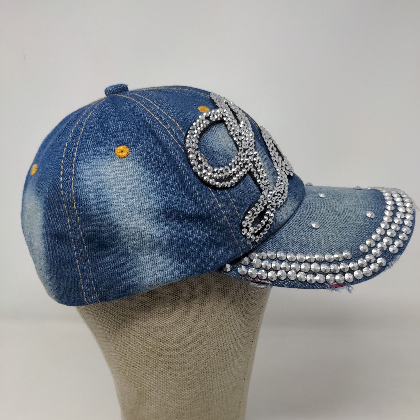 Love Women's Slideback Denim Hat Shiny Big Rhinestones Logo Bling Distressed