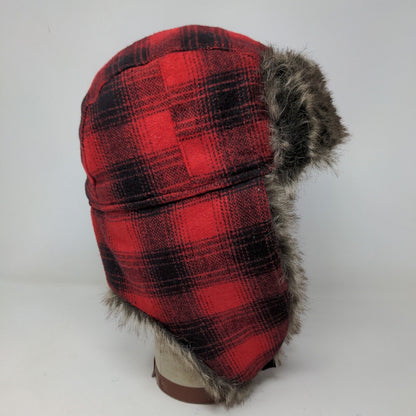 Goodfellow & Co Men's Trapper Hat Red Plaid One Size Vegan Fur Trim Ear Flaps