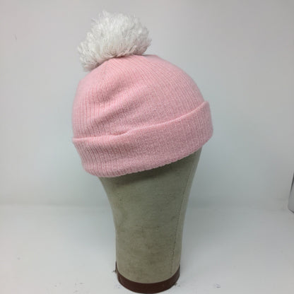 Champion Knit Beanie Hat Pom Pom OSFA Pink Embroidered Logo Acrylic