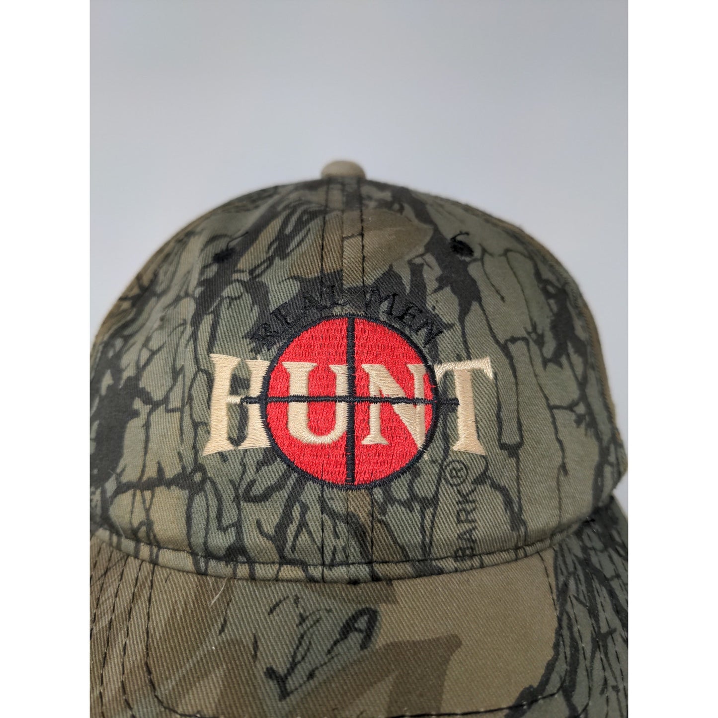 Bark Camo Real Men Hunt Hat Slideback Green Brown OSFM Embroidered Target Logo