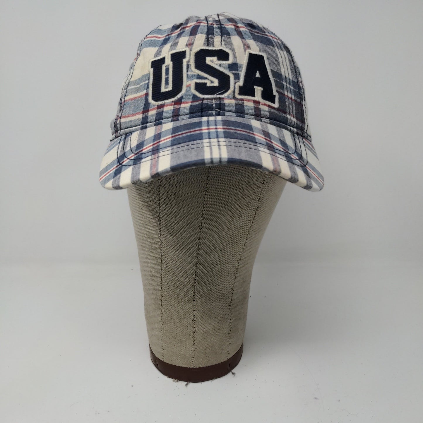 USA Patriotic Blue White Plaid Hat Strapback Cap Embroidered Spell Out