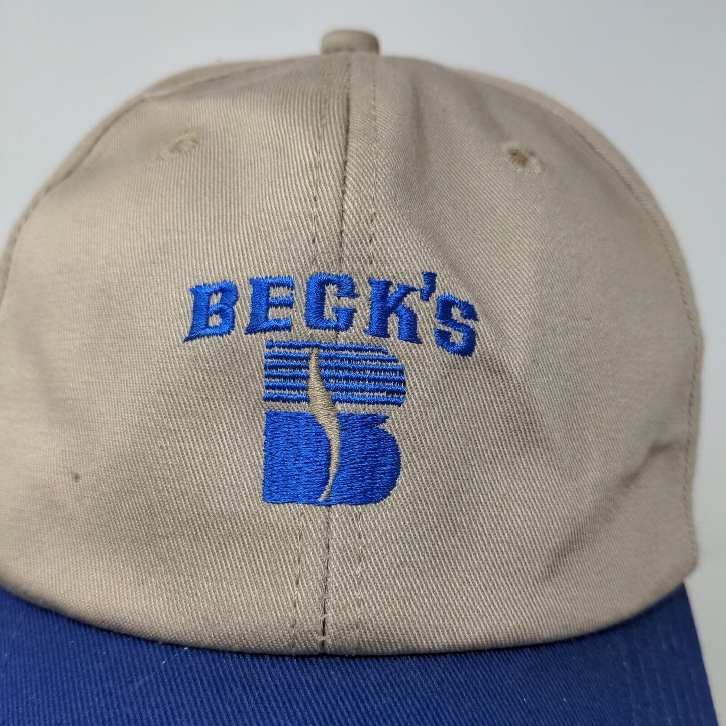 Beck's Seeds Men's Snapback Hat Tan Blue Adjustable Embroidered Logo