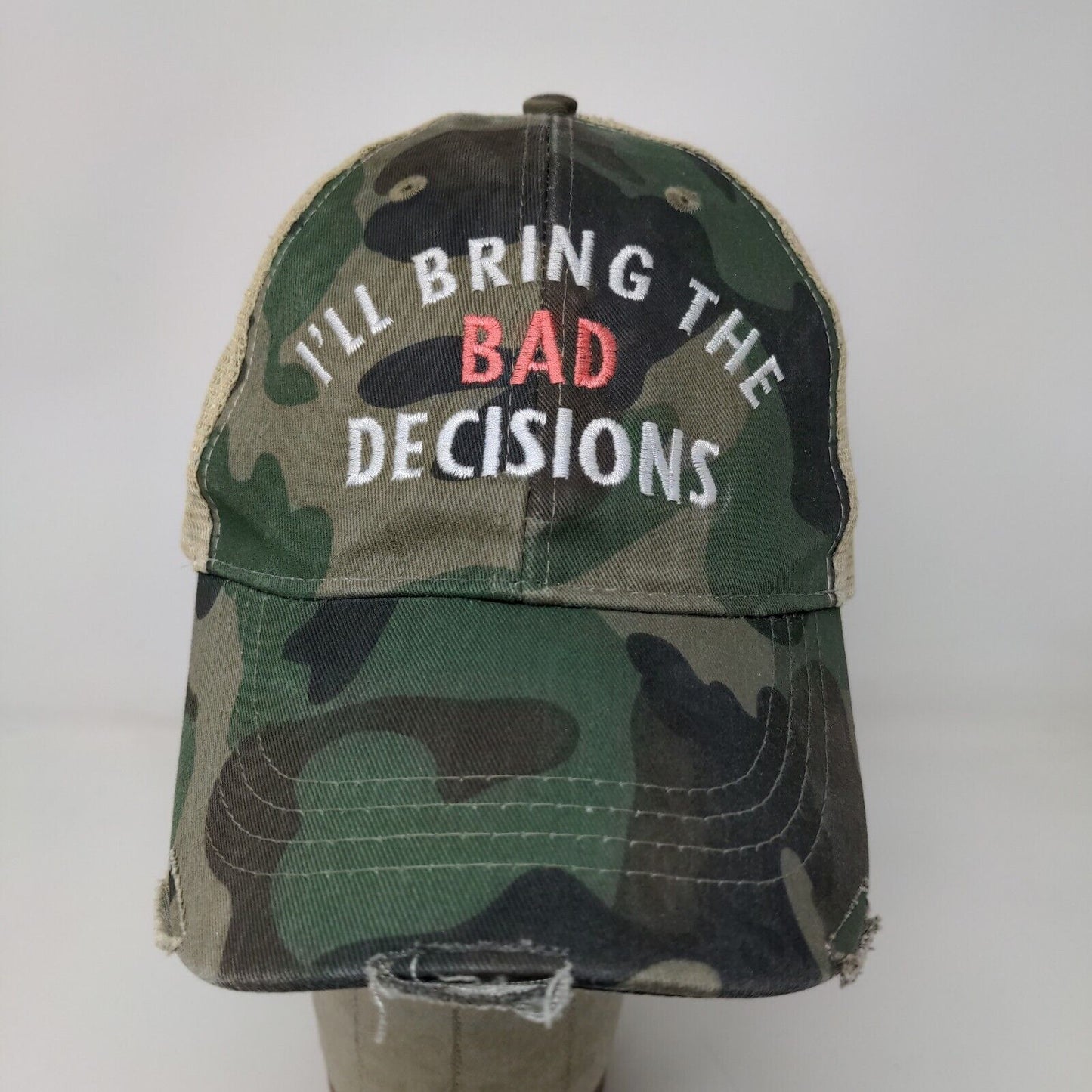 Adams Mens I'll Bring the Bad Decisions Meshback Snapback Green Camo Hat Cap