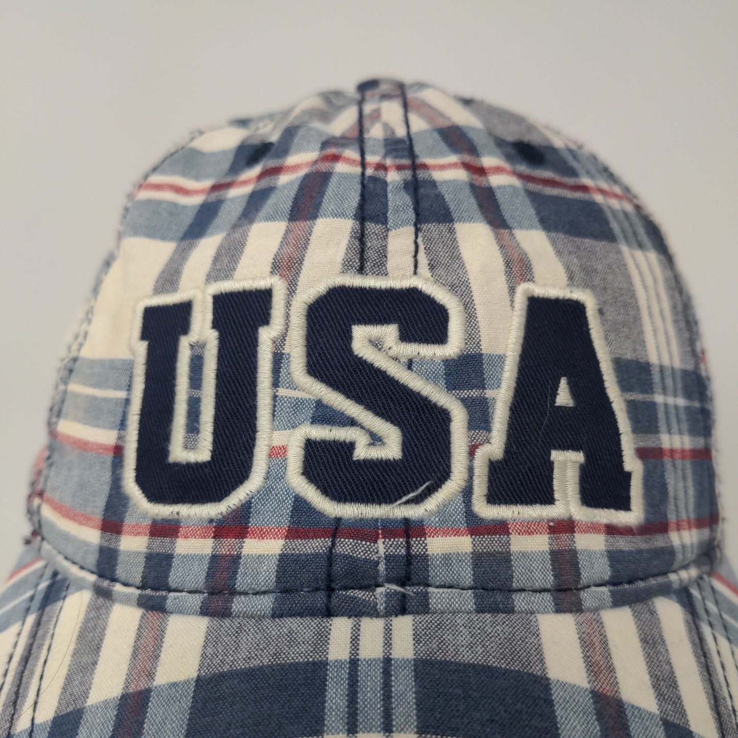 USA Patriotic Blue White Plaid Hat Strapback Cap Embroidered Spell Out