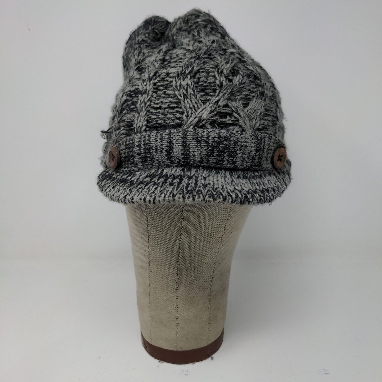 Beanie Hat W/ Bill Lined Soft Warm Black Gray Button Accents