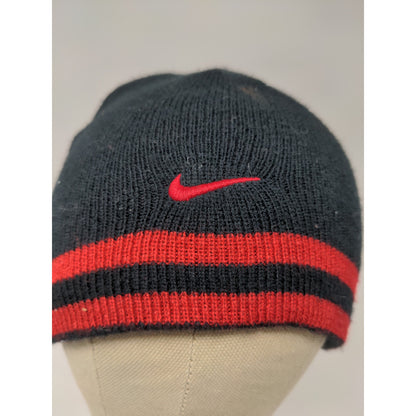 Nike Reversible Knit Beanie Hat Black Red Striped Embroidered Swoosh Logo