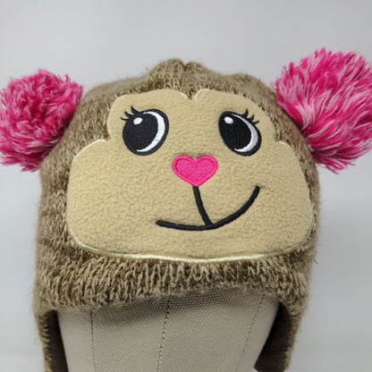 Knitted animal hat with ear flaps. Brown with pink Pom Poms.