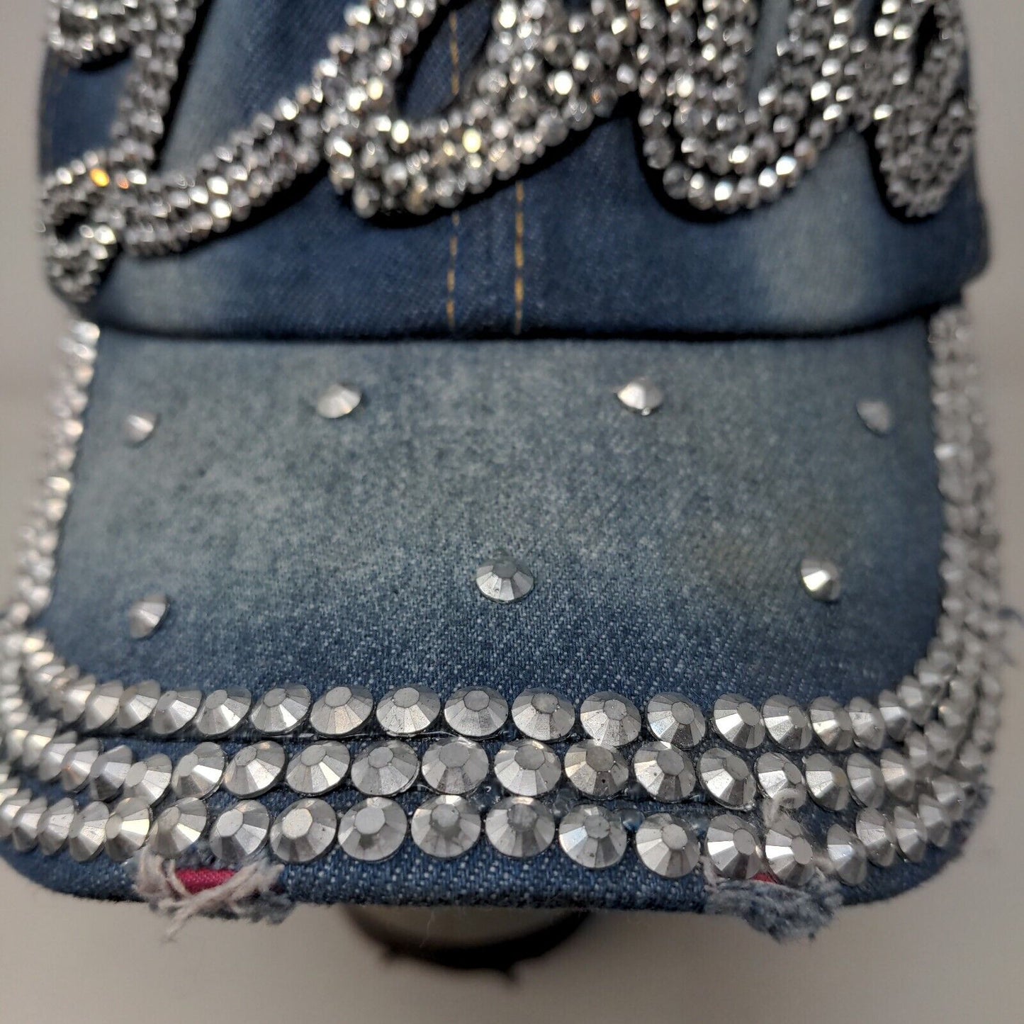 Love Women's Slideback Denim Hat Shiny Big Rhinestones Logo Bling Distressed