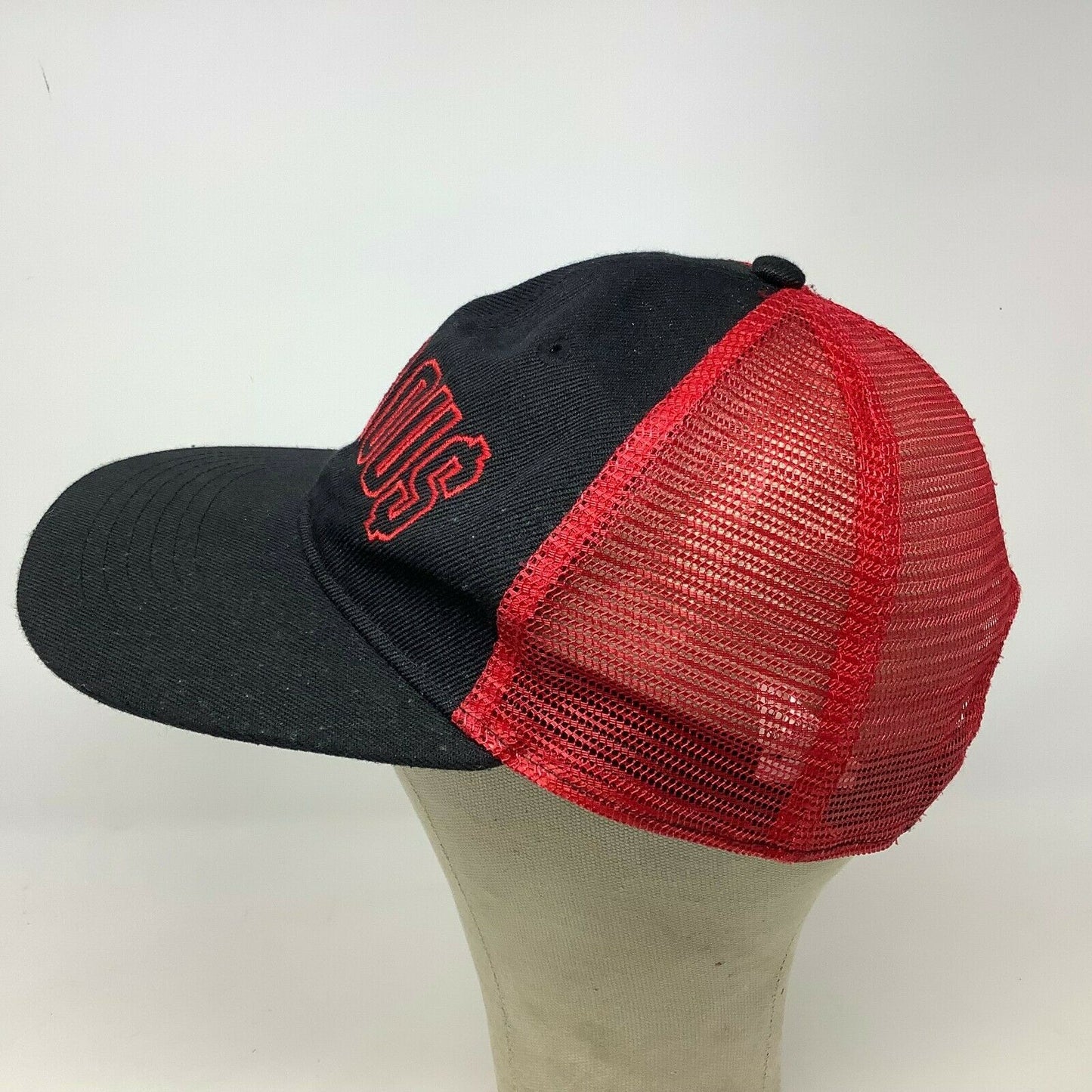 Famous Mesh Back Snapback Hat Cap Red Black Embroidered Spell Out