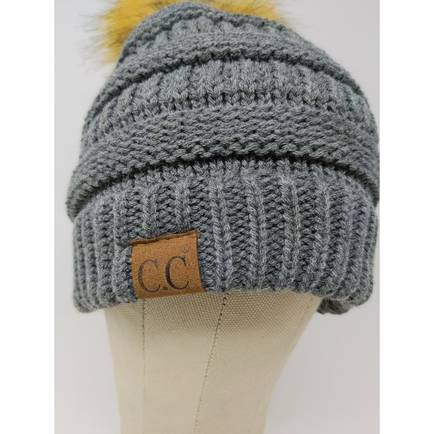 C.C. Exclusives Knit Beanie Hat Fur Pom Pom Gray 100% Acrylic