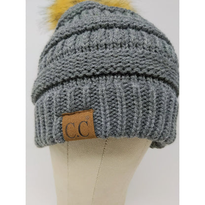 C.C. Exclusives Knit Beanie Hat Fur Pom Pom Gray 100% Acrylic