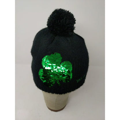 Made With Love Ireland Beanie Hat Green Shiny Pom Pom Black Knit Acrylic