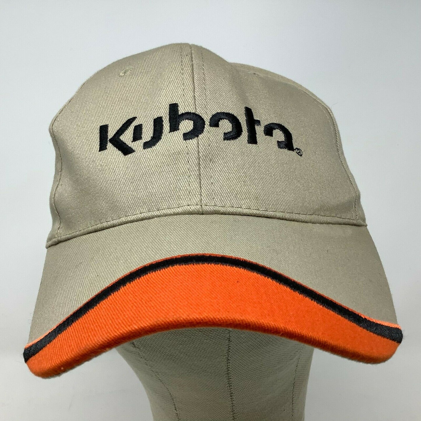 Kubota Tractor Hat Logo Spellout Strapback Tan Orange K-Products Adjustable