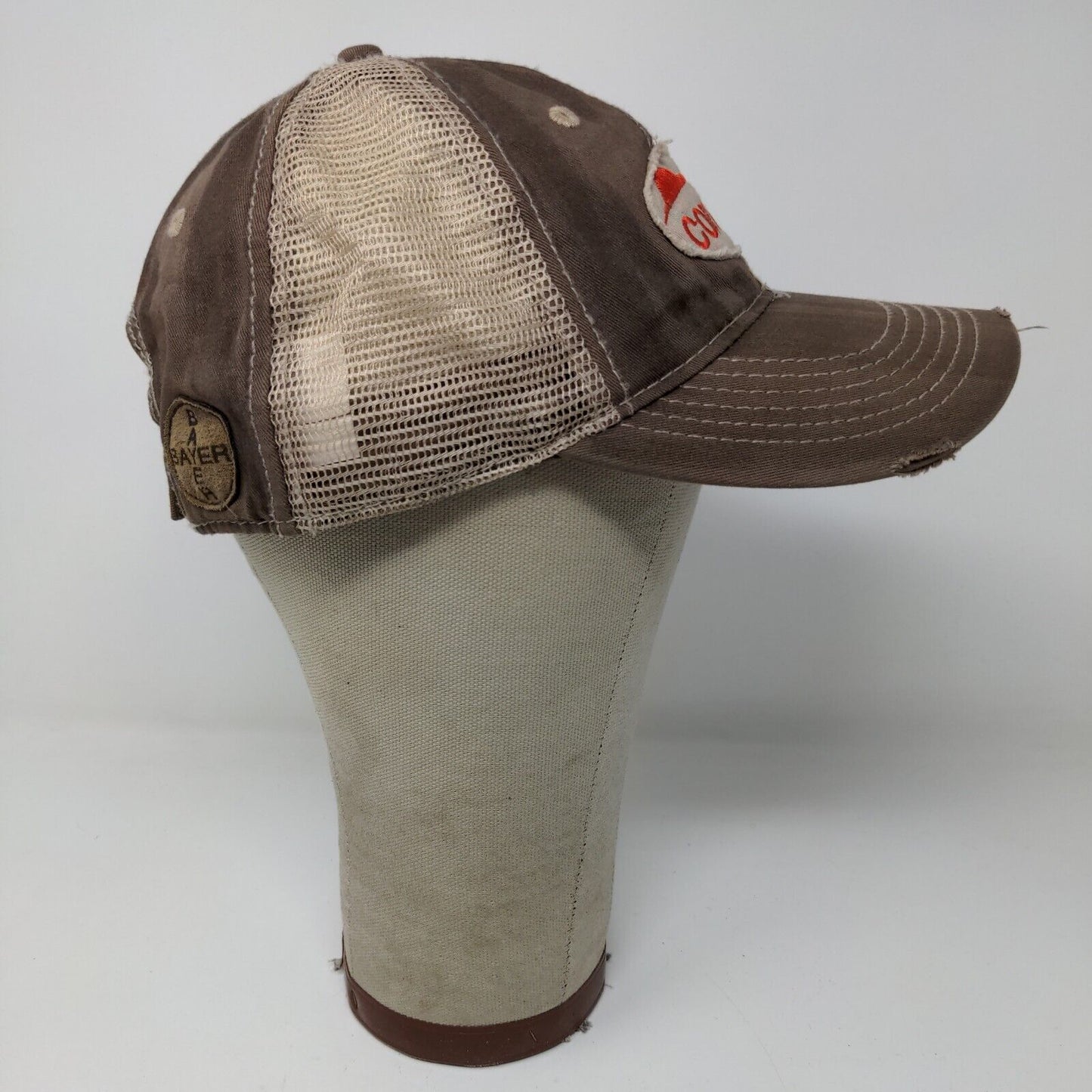 Corvus Bayer Strapback Hat Brown OSFA Farmer Embroidered Logo Distressed