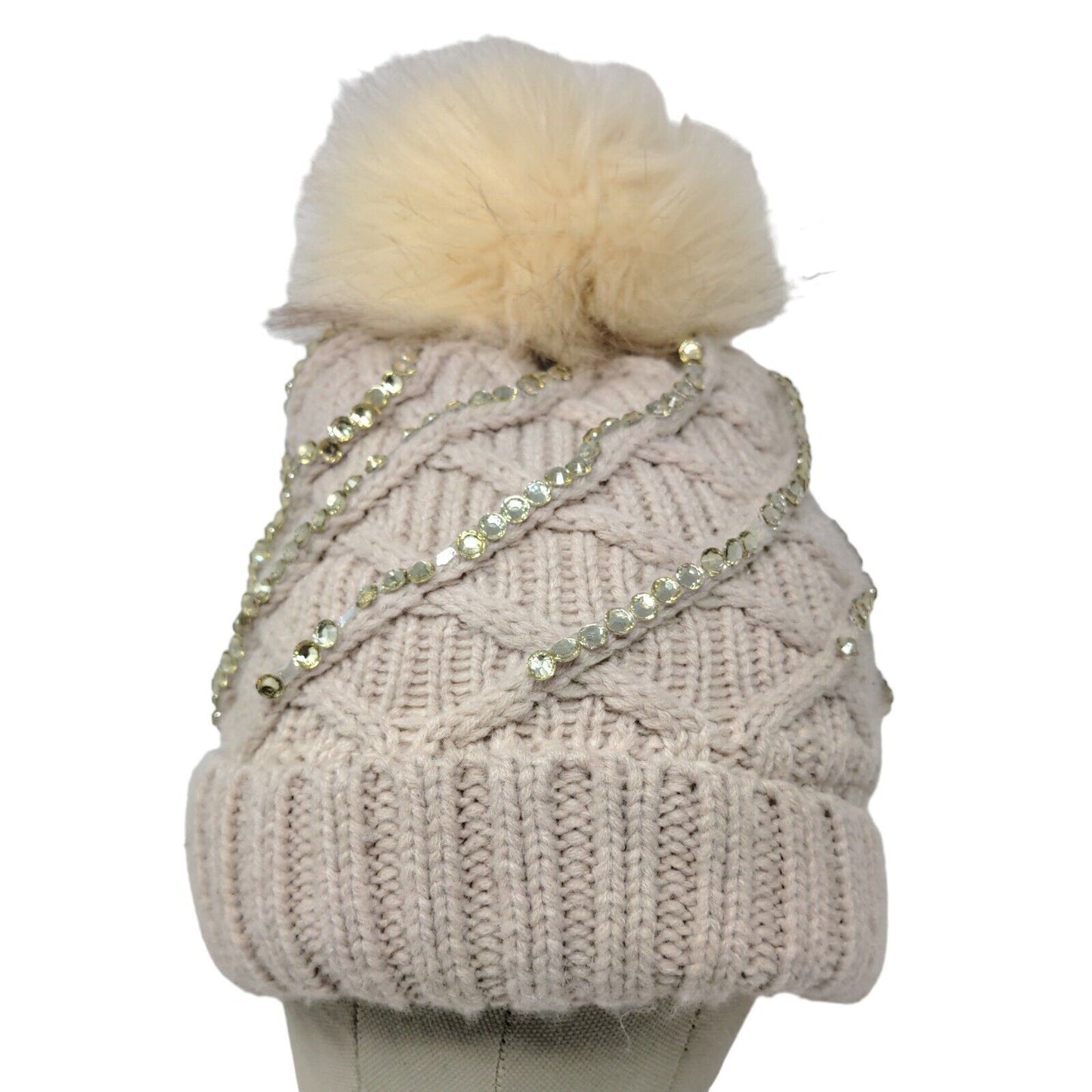 Knit Winter Crystal Bling Studded Pom Pom Cable Knit Beanie Faux Fur Lining Hat