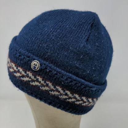 Etienne Aigner Women's Knit Beanie Hat Blue Embroidered Logo Stripe Accent