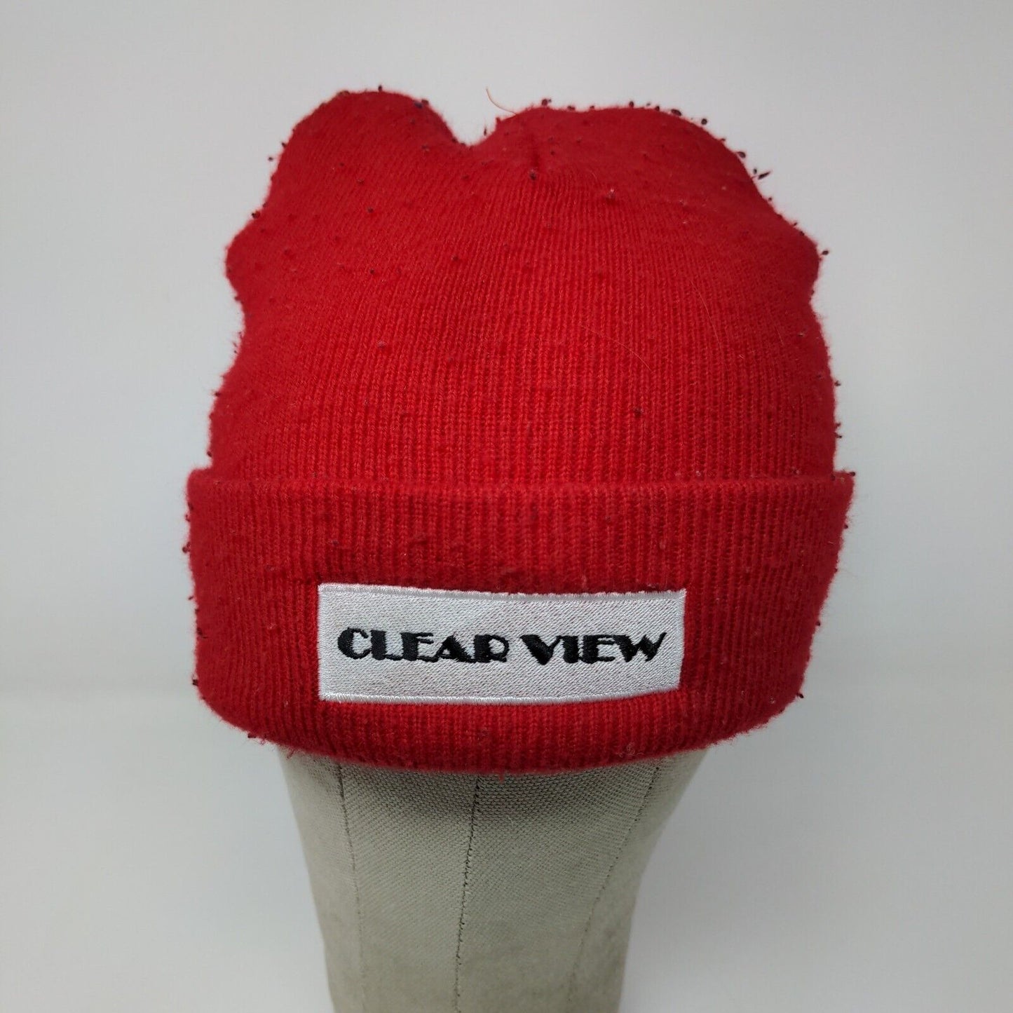 Clear View Red Winter Beanie Hat Cap Embroidered One Size Logo Spell Out