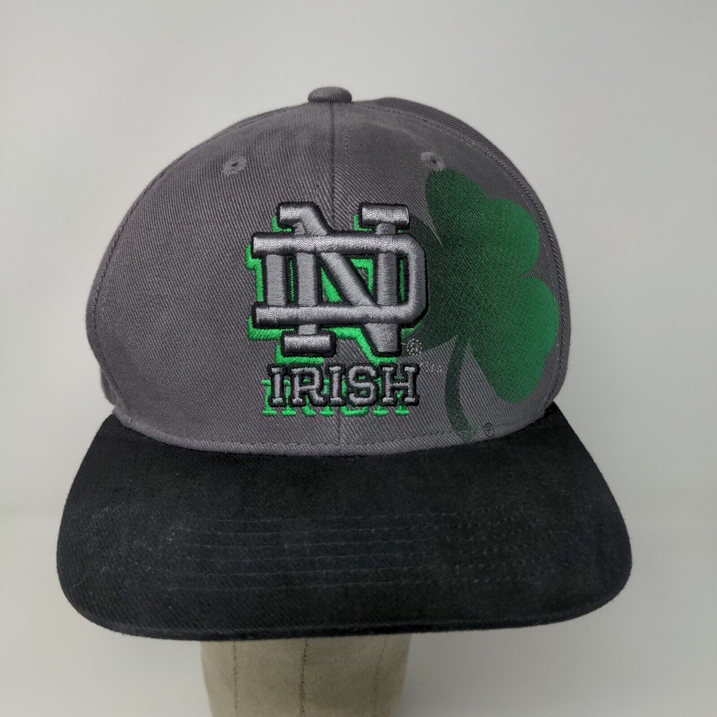 Notre Dame Fighting Irish Snapback Hat Gray Black OSFA Embroidered Logo Clover