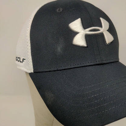 Under Armour Golf Black White Fitted Cap Hat Embroidered Logo Spell Out