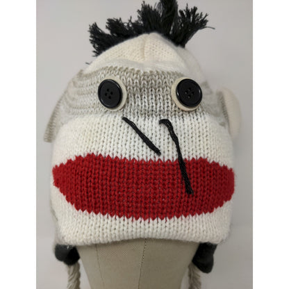 Sock Monkey Knit Beanie Hat Cap Button Eyes 100% Acrylic Gray White