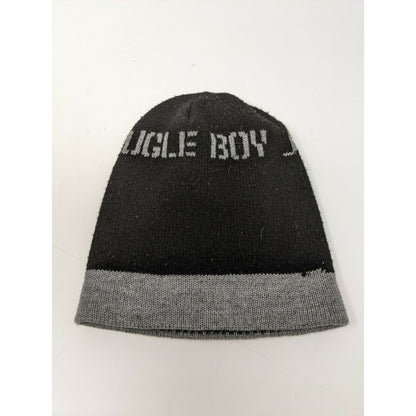 Bugle Boy Beanie Cap Hat Diamond Spell Out Black & Gray Fair Isle Pattern