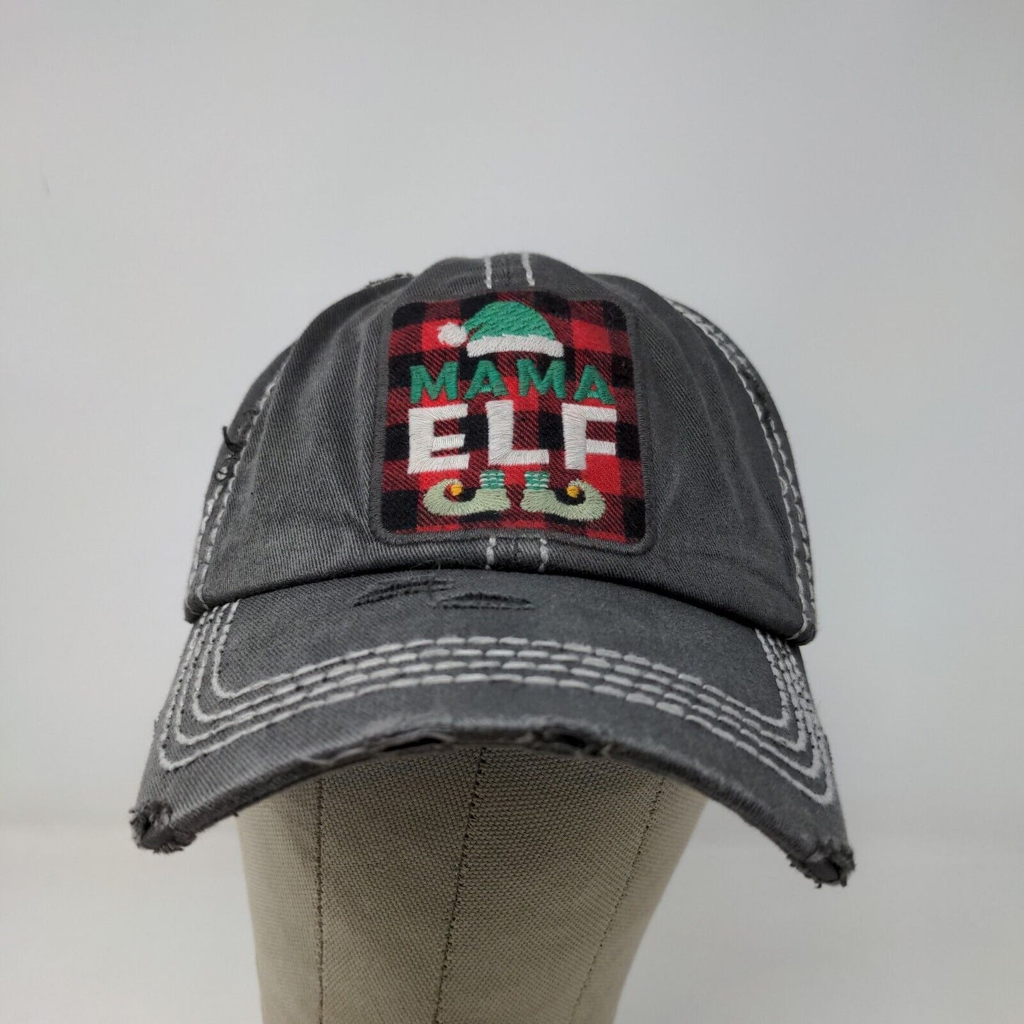 KBethods Women's Christmas Hat Gray Mama Elf Embroidered Distressed