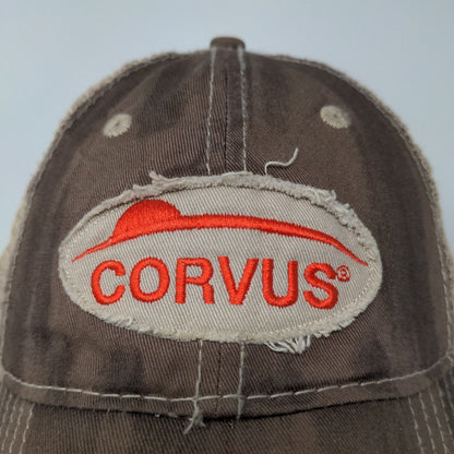 Corvus Bayer Strapback Hat Brown OSFA Farmer Embroidered Logo Distressed