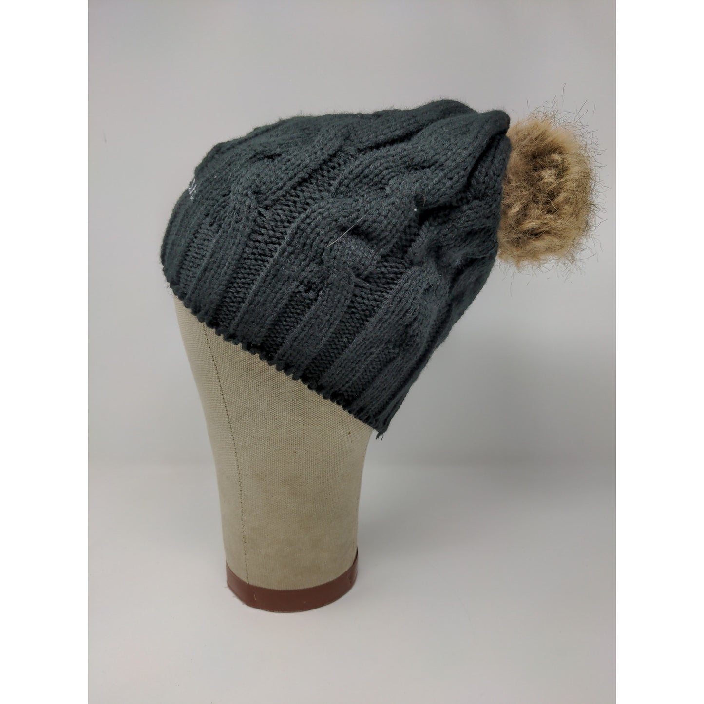 Hit Wear Herff Jones Cable Knit Beanie Hat Faux Fur Pom Pom Black