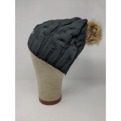 Hit Wear Herff Jones Cable Knit Beanie Hat Faux Fur Pom Pom Black