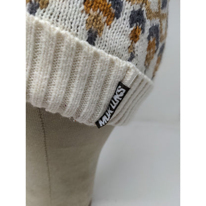 Muk Luks Beanie Winter Hat Pom Pom White Brown Acrylic Wool Blend