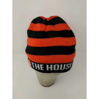 The House Striped Beanie Hat Orange & Black Spell Out Logo Knit