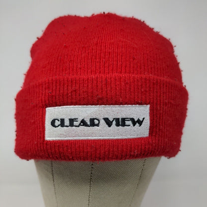 Clear View Red Winter Beanie Hat Cap Embroidered One Size Logo Spell Out
