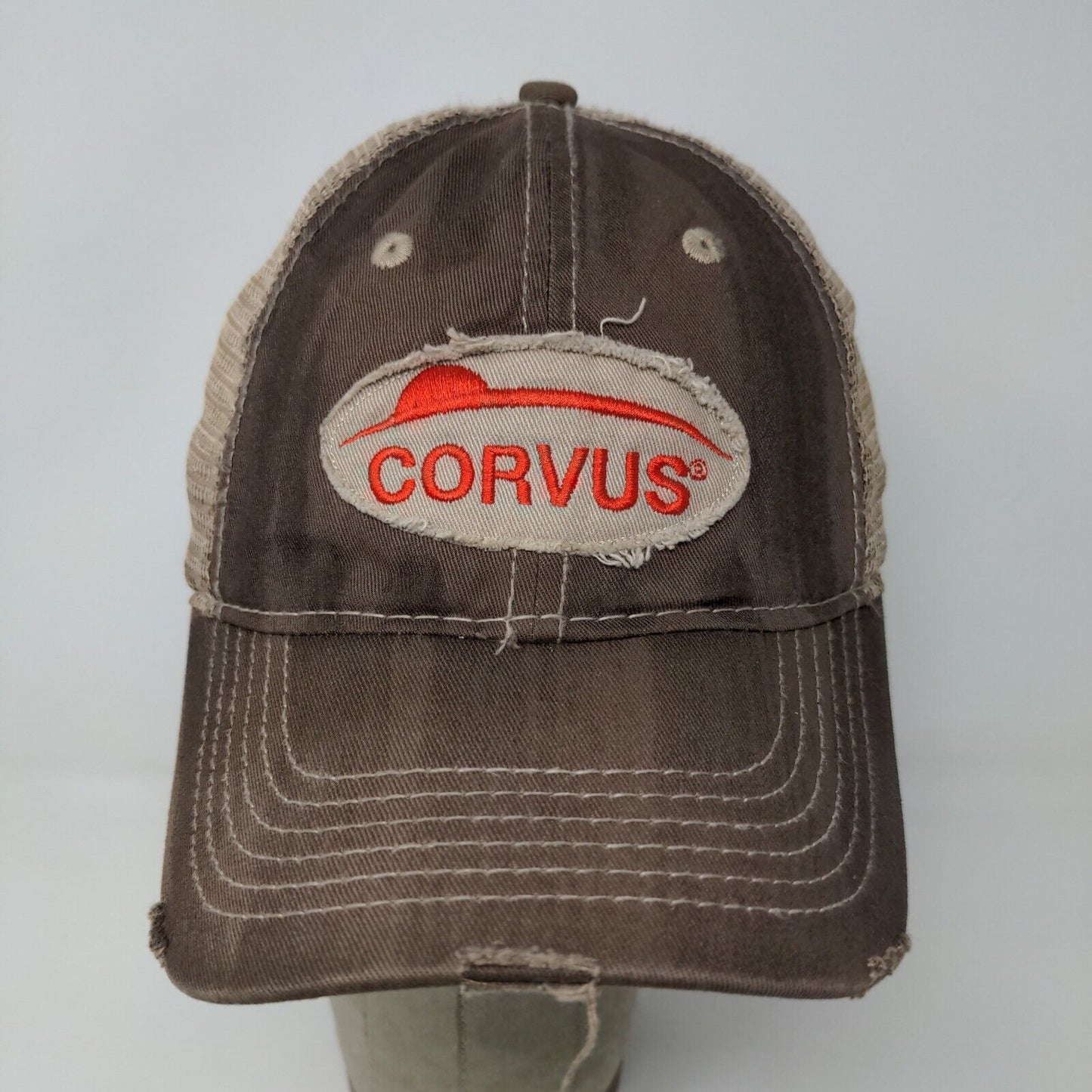 Corvus Bayer Strapback Hat Brown OSFA Farmer Embroidered Logo Distressed