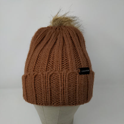 Tahari Knit Beanie Hat Pom Pom Patch Logo Brown Warm One Size