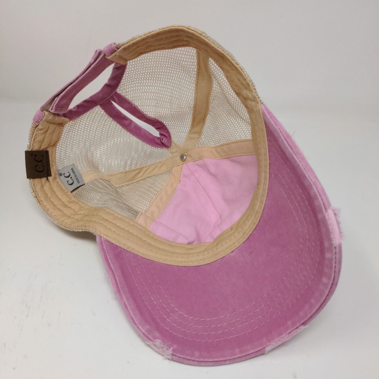 C.C. Womens Strapback Mesh Back Hat Pink Adjustable Distressed