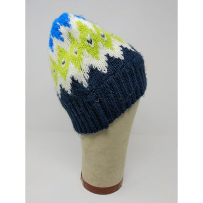 Land's End 100% Acrylic Beanie Hat Blue Size M-L Striped Diamond Pattern