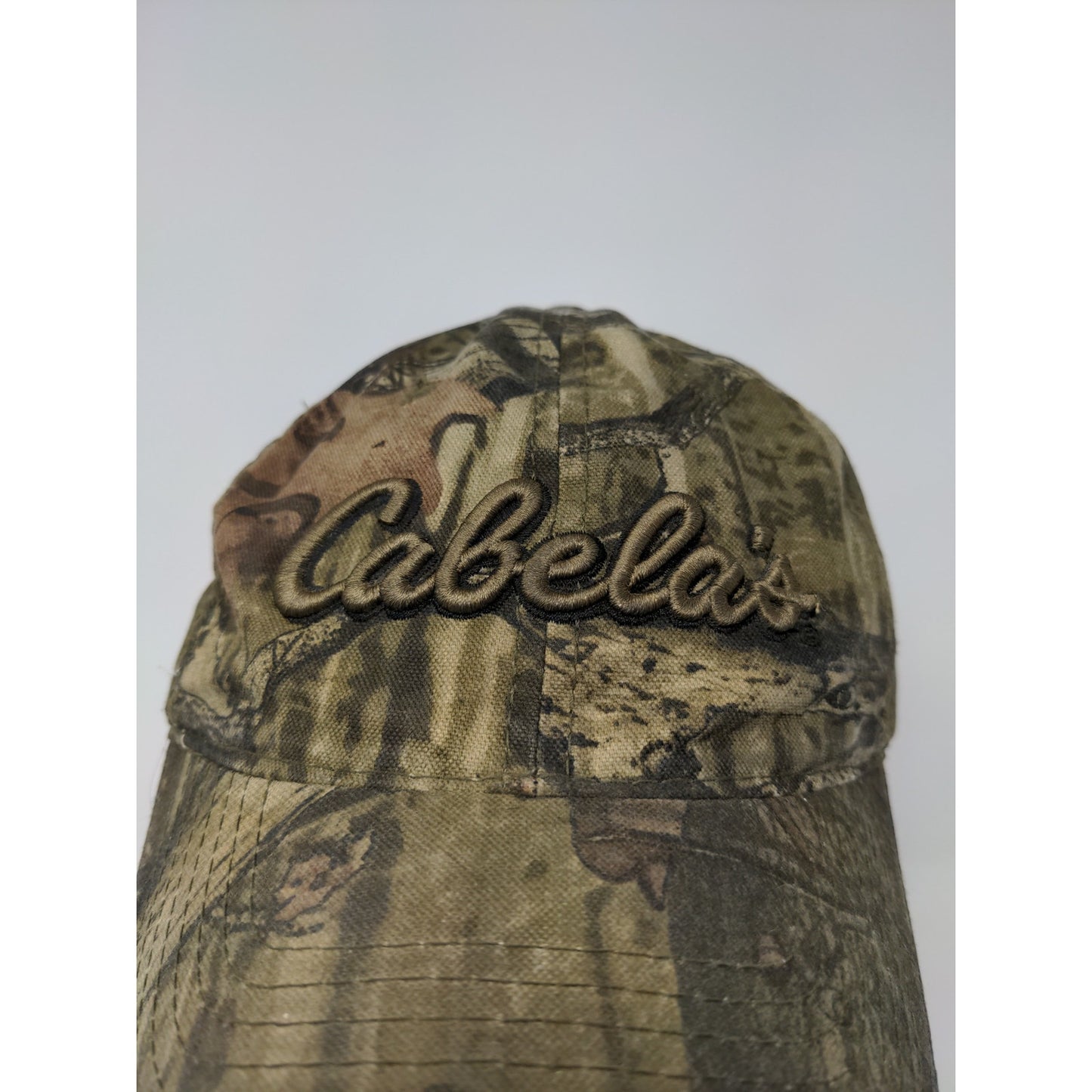 Cabelas Camo Slideback Hat OSFM Thick Embroidered Logo Cap Green Brown