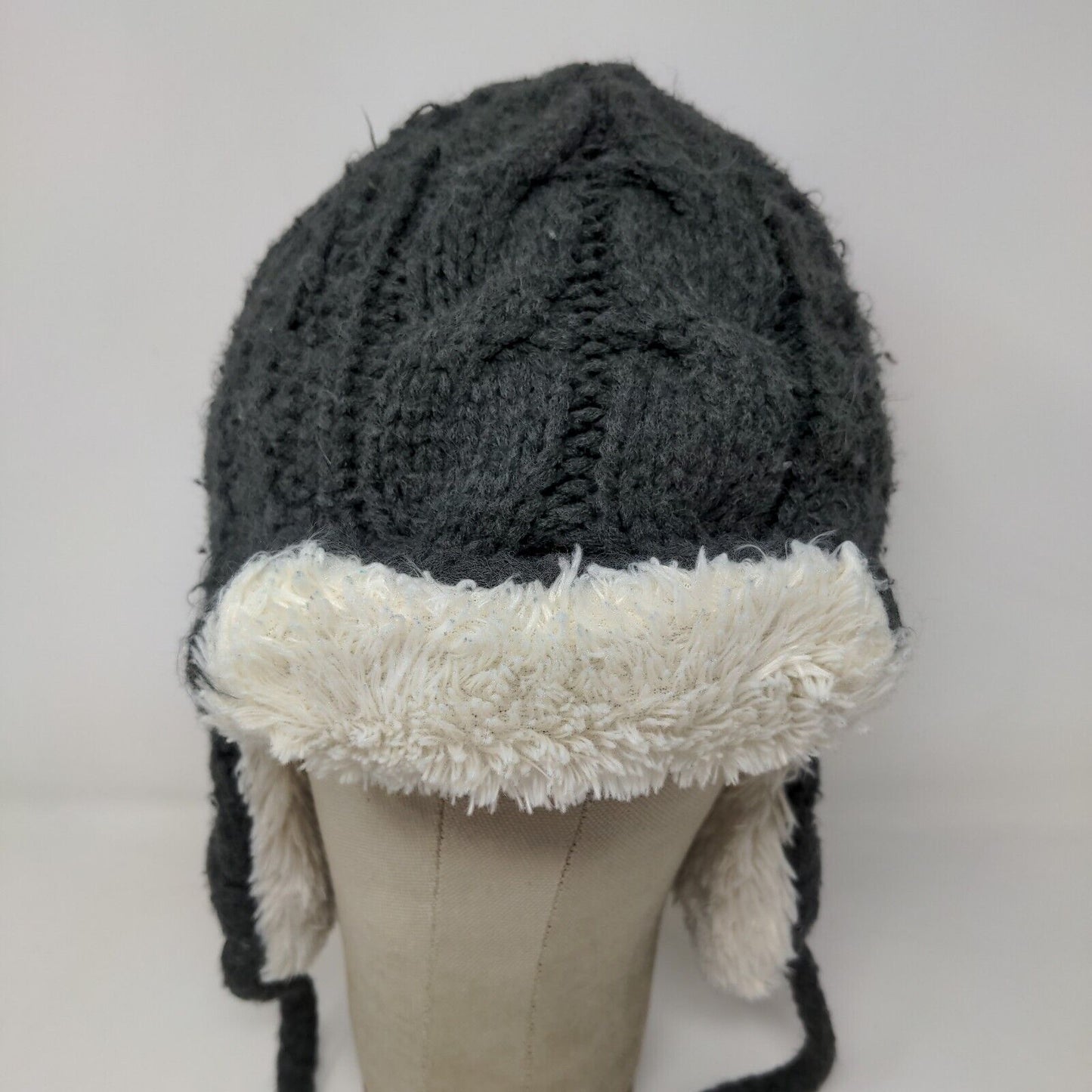 Unbranded Women's Knit Trapper Hat Gray Fleece Lined Acrylic Ear Flaps