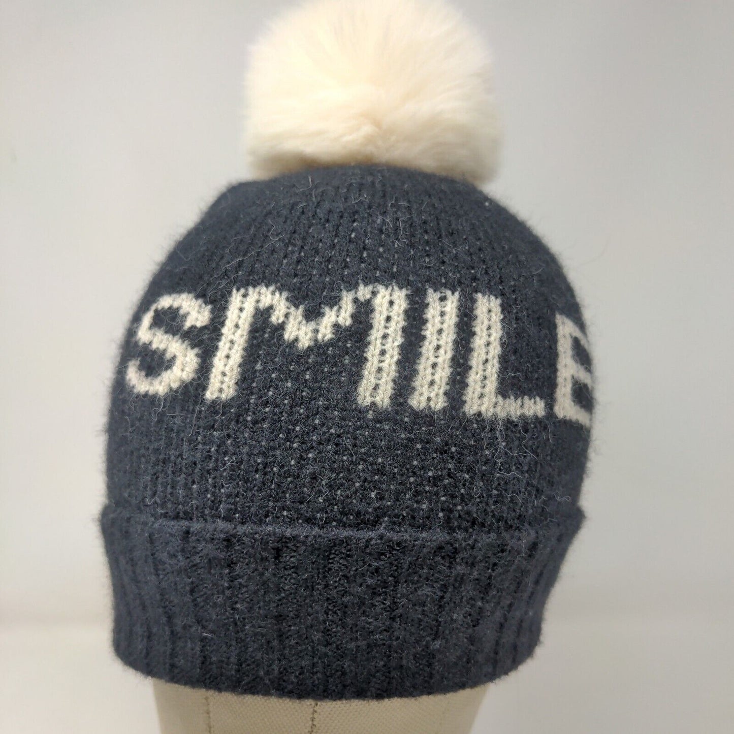 Unbranded Men's Knit Beanie Hat Black Acrylic Pomp Pom Smile Spell Out