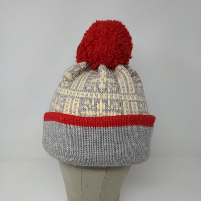 KiPi of Maine Beanie Hat Pom Pom Gray Red Warm Soft Made in USA